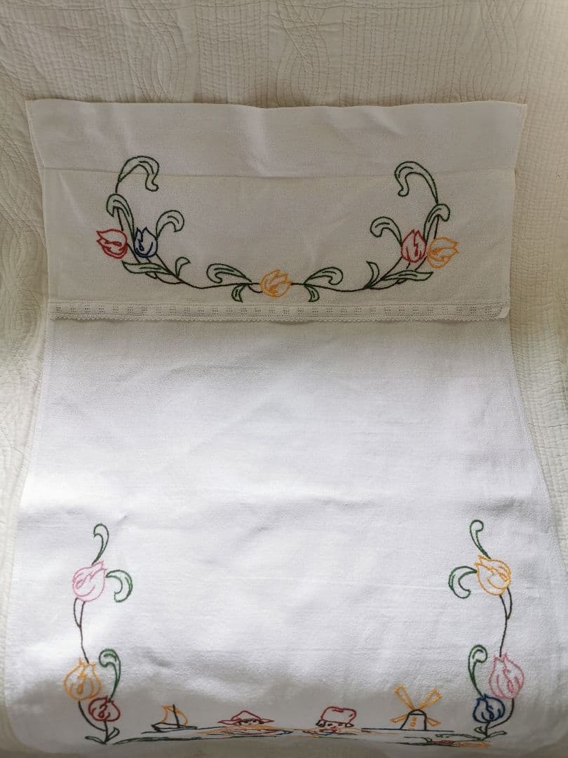 アンティーク オランダ 子供＆チューリップ色糸刺繍クロス ドアカーテン 幕パネル