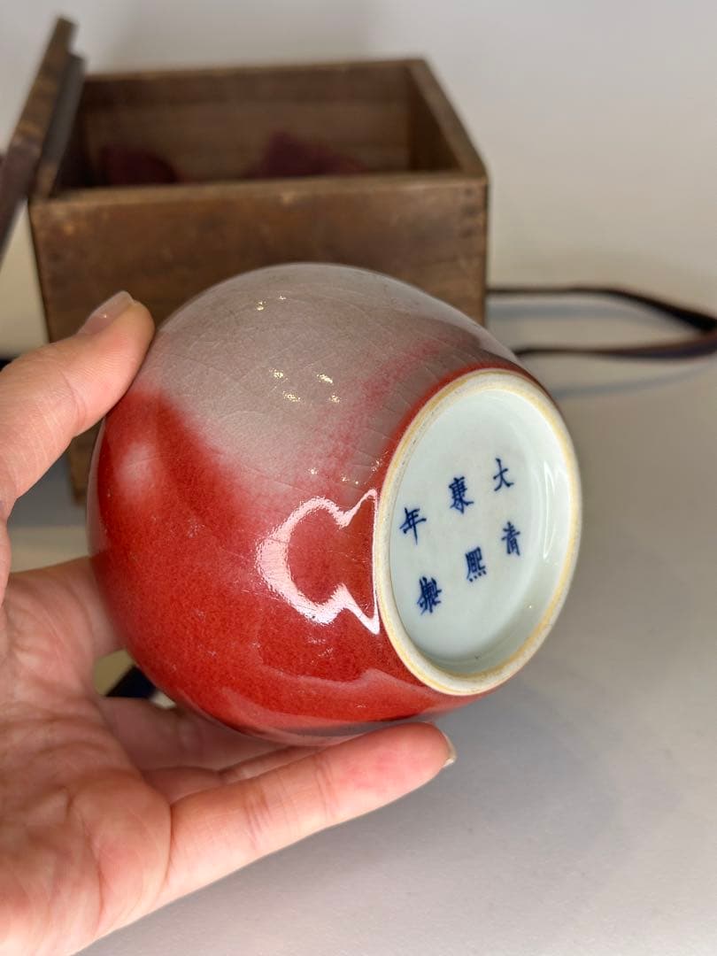 希少 清時代 大清康熙年製款 蘋果尊 朱釉 賞瓶 陶磁器 古美術 共箱 時代物