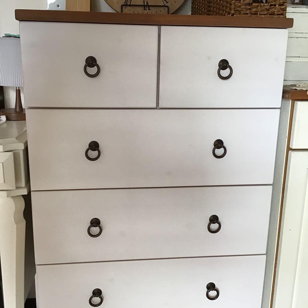 フレンチカントリー ホワイト木製チェスト 6引き出し 5段 ツートン