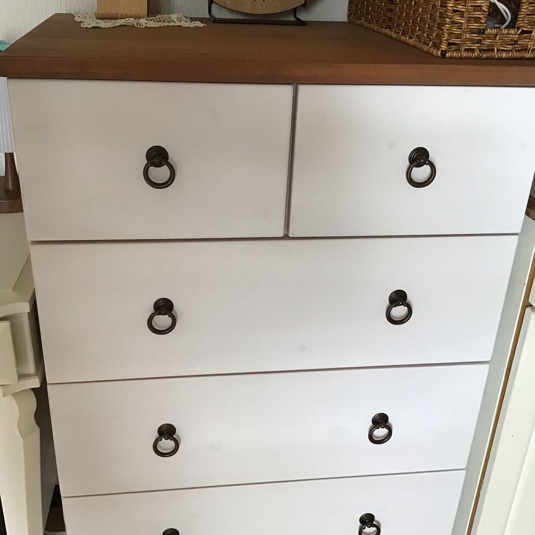 フレンチカントリー ホワイト木製チェスト 6引き出し 5段 ツートン