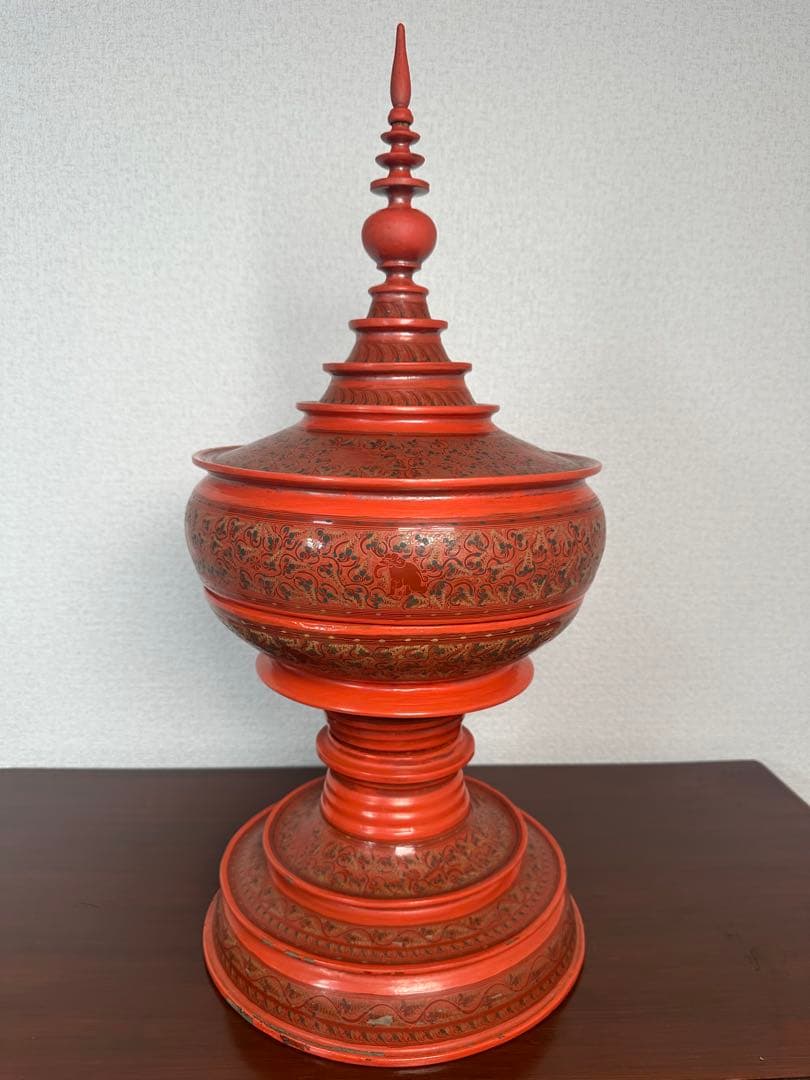 ミャンマー アンティーク 漆器 蒟醤 仏塔形 供物器 高さ約62cm ※31※
