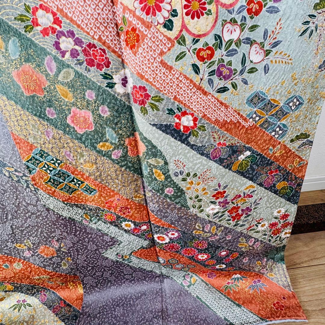 超美品　正絹　現代　訪問着　着物　膨れ織　グレー　オレンジ　トール　174裄70