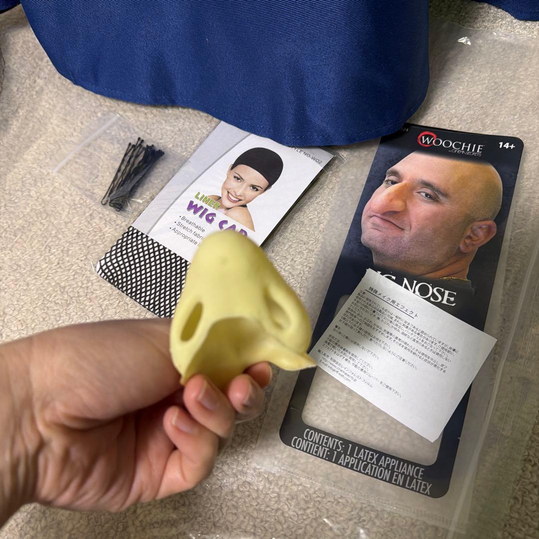 ジブリコスプレ　湯婆婆　青いロングドレスとウィッグ、特殊メイク鼻セット　美品