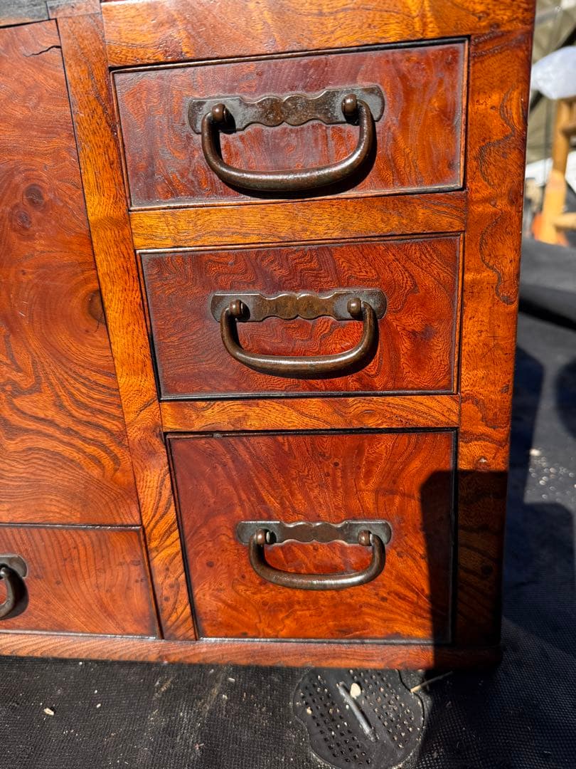 昭和初期 関東長火鉢 欅玉杢 木製 古民具 引き出し付 灰床 五徳 灰匙 猫板付