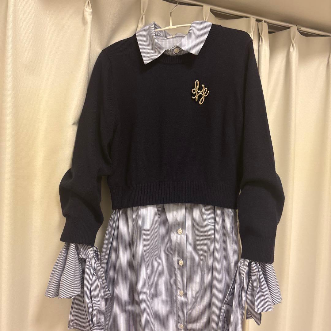 スナイデル　今期新作　ニットセットブローチ付きミニシャツワンピース