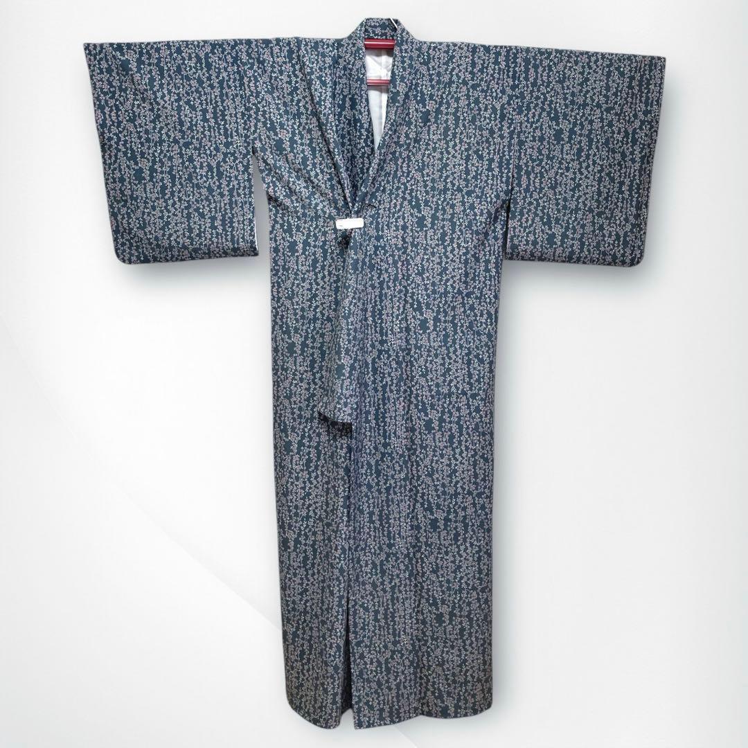 【美品✨】東レシルック　洗える着物　小紋　しだれ桜　小桜　藍鼠　日本製　幅広K3