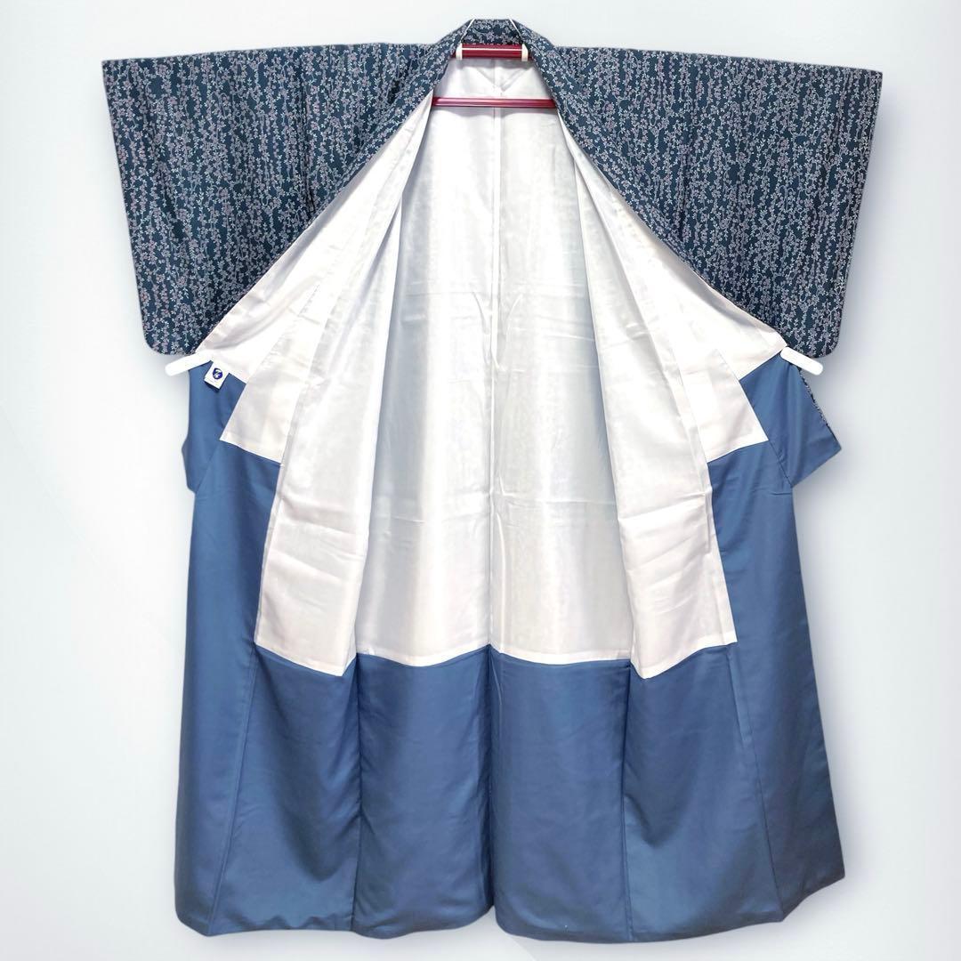 【美品✨】東レシルック　洗える着物　小紋　しだれ桜　小桜　藍鼠　日本製　幅広K3