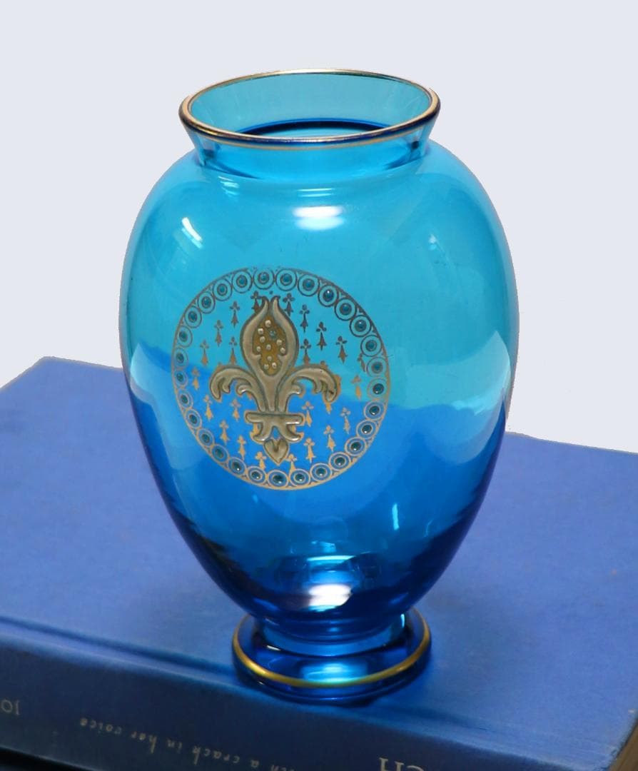 オールド・バカラ 激レア 1878年頃 金彩百合文エナメルブルーガラス花瓶 青色