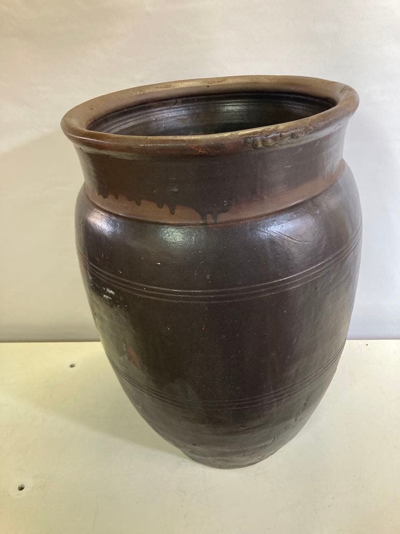 古道具 甕 昭和レトロ 陶器製 オブジェ 陶器製水鉢 ダークブラウン 約60cm