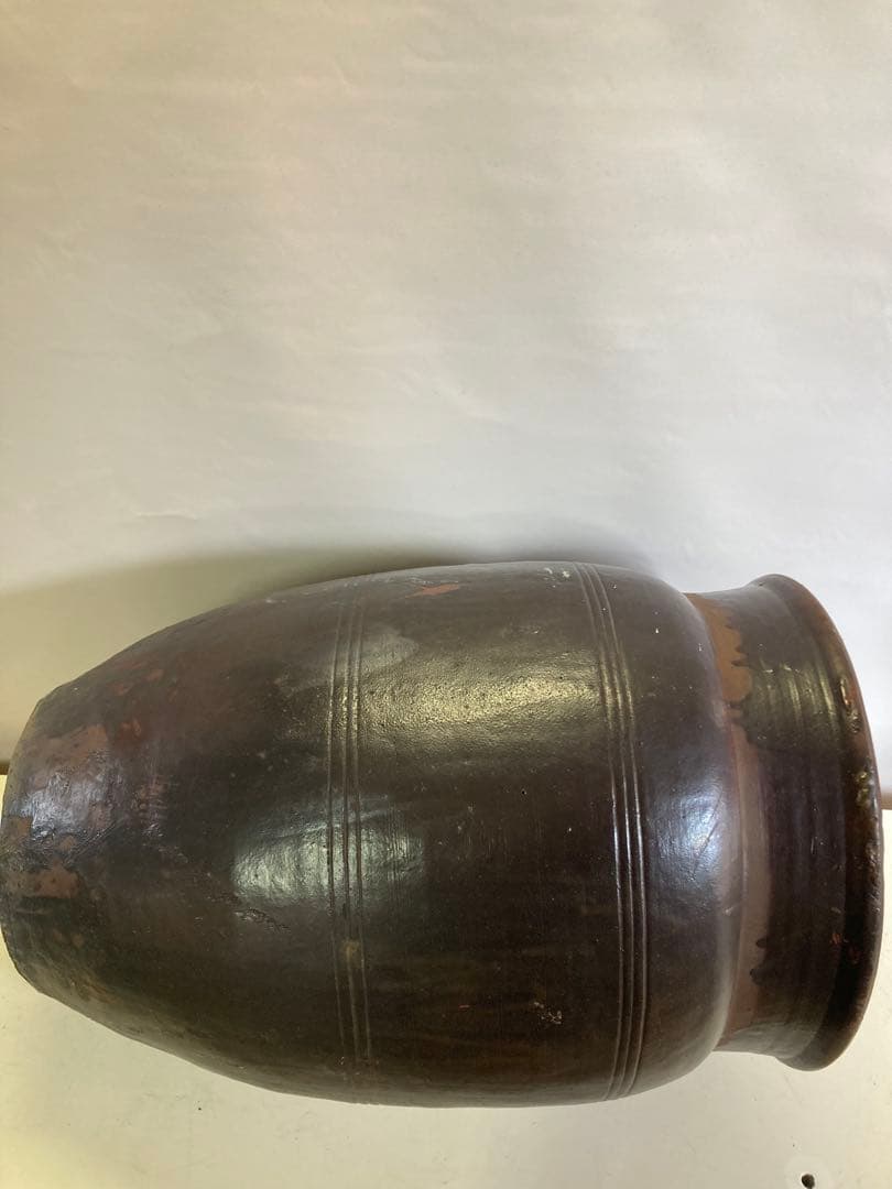 古道具 甕 昭和レトロ 陶器製 オブジェ 陶器製水鉢 ダークブラウン 約60cm