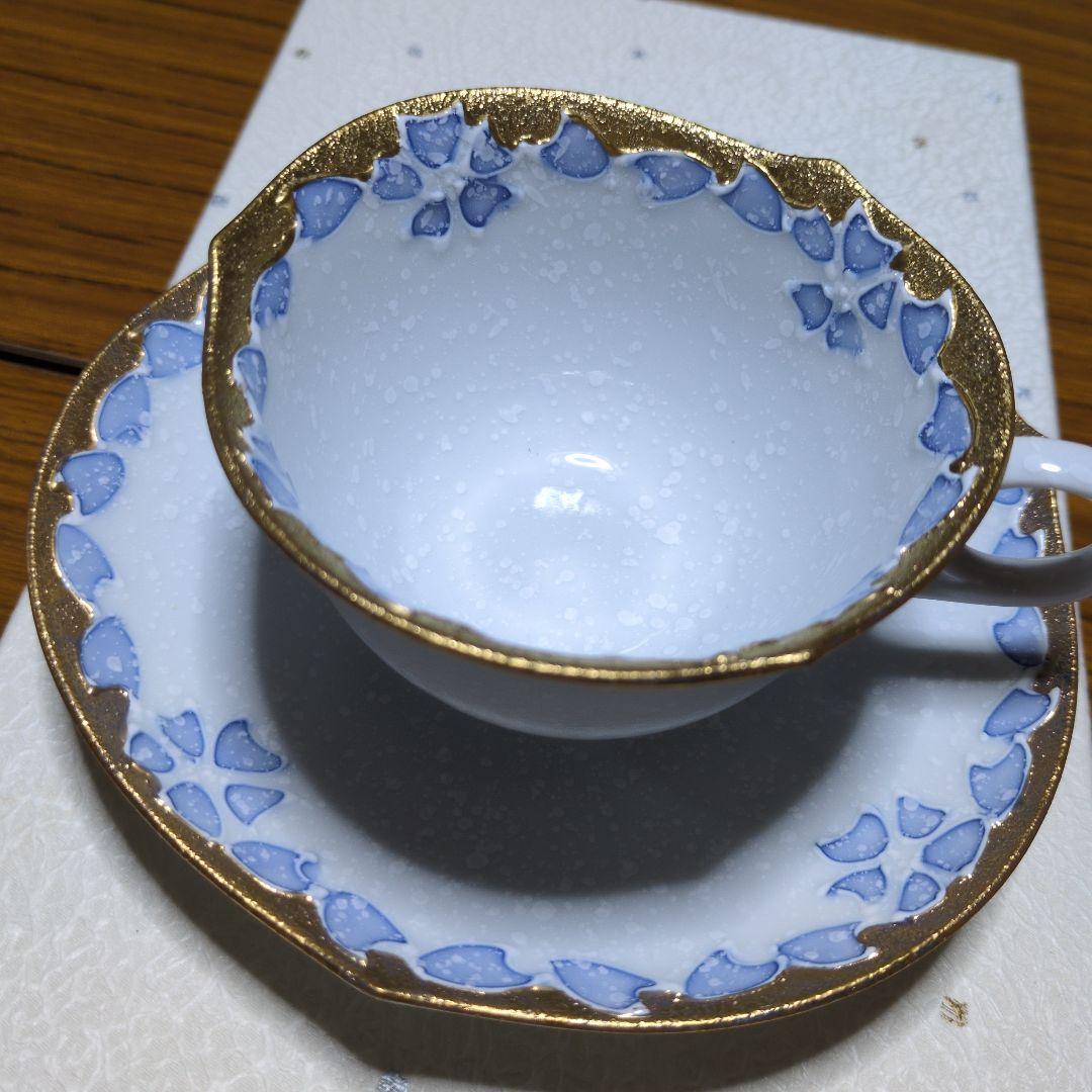 「有田焼 」「文山窯」「カップ&ソーサー」「 輪花」ゴールド「ピンクブルー」2客