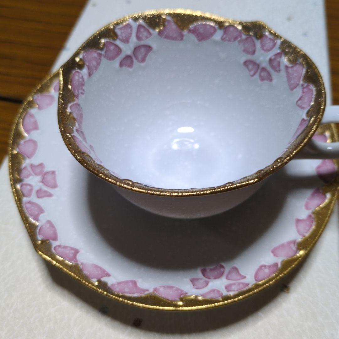 「有田焼 」「文山窯」「カップ&ソーサー」「 輪花」ゴールド「ピンクブルー」2客