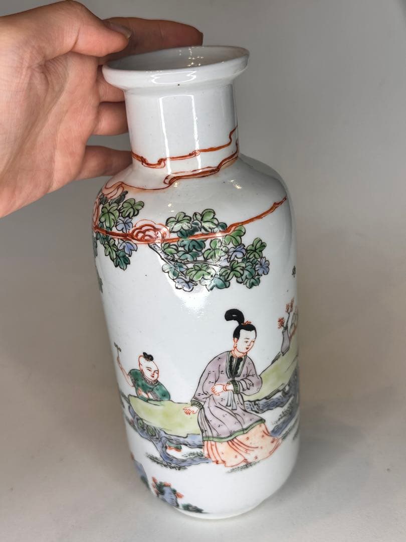 【新年セール】康熙葉子款 底部款識 人物童子戯図 彩絵 花瓶 中国古美術 时代物