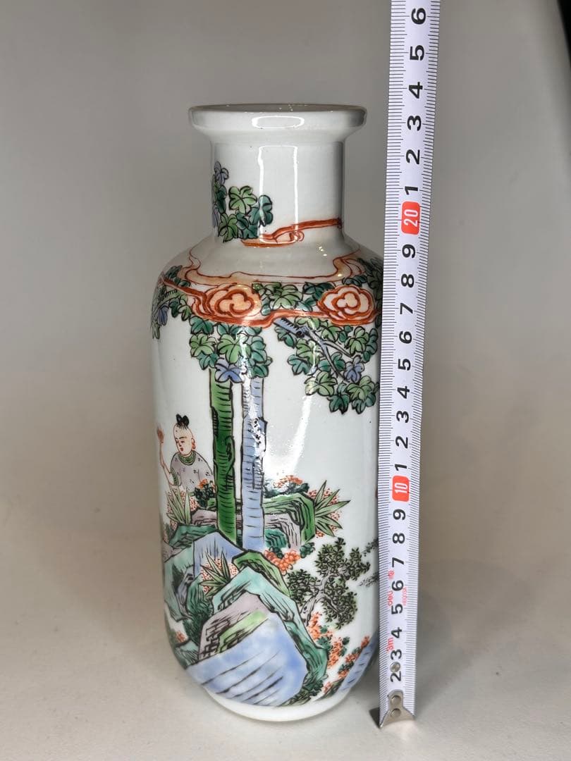【新年セール】康熙葉子款 底部款識 人物童子戯図 彩絵 花瓶 中国古美術 时代物