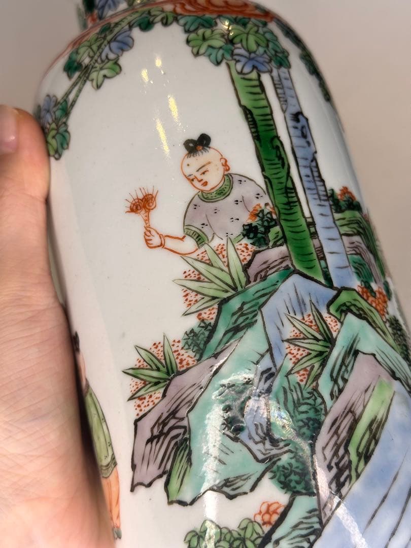 【新年セール】康熙葉子款 底部款識 人物童子戯図 彩絵 花瓶 中国古美術 时代物