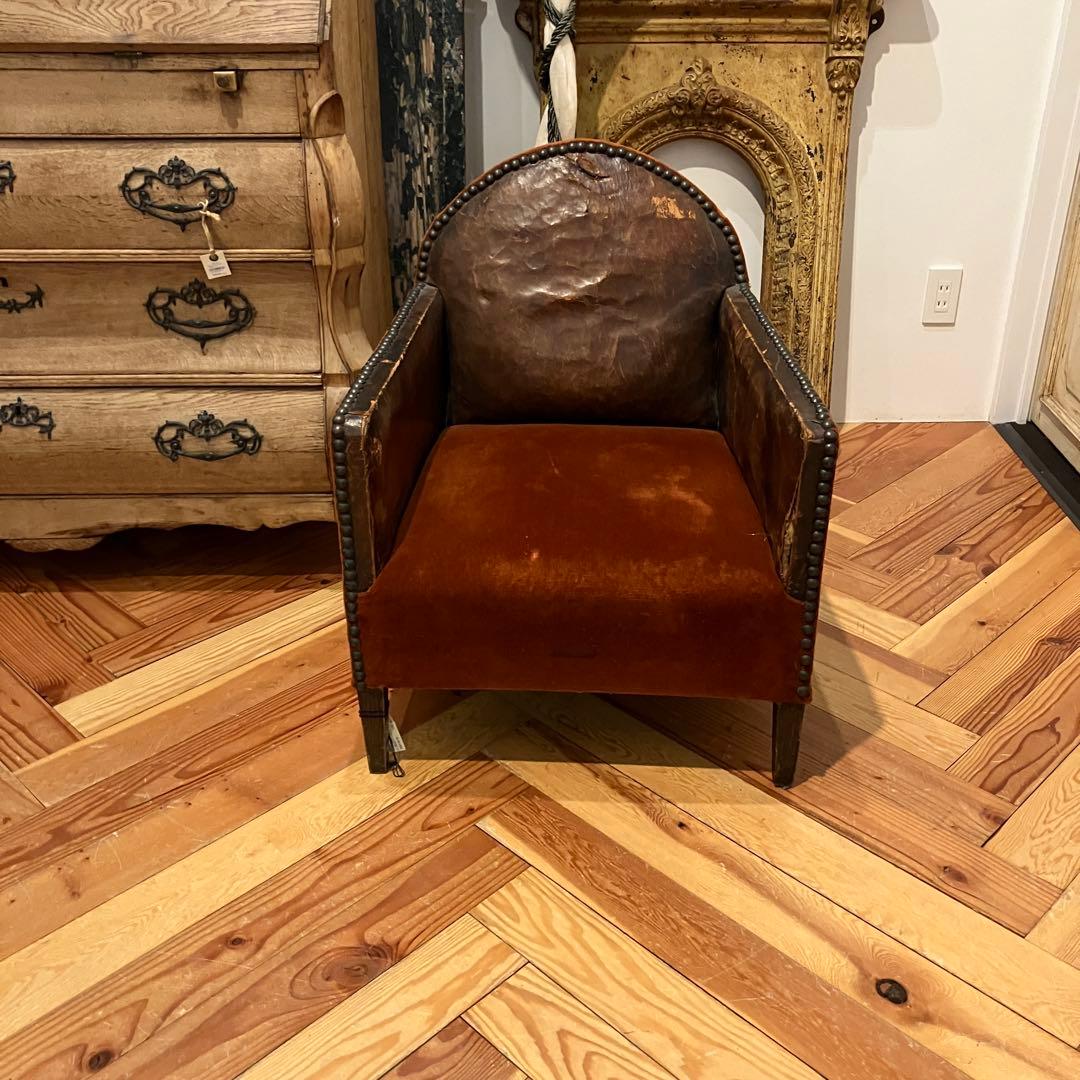 アンティーク　1人掛けソファ　赤×レザー