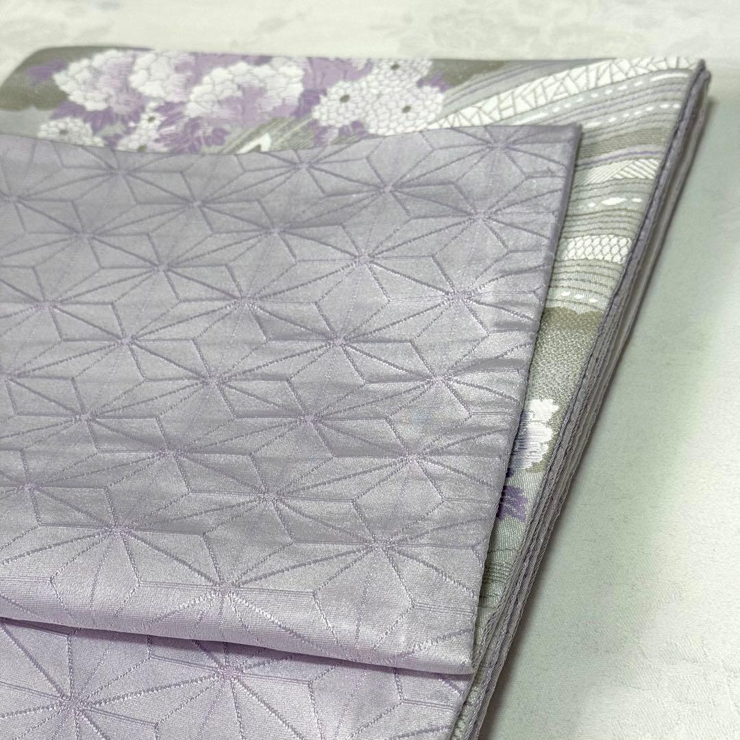 【袋帯】　洗える　白色　紫色　シルバー　蝶　 クリアホワイト　モダン　K