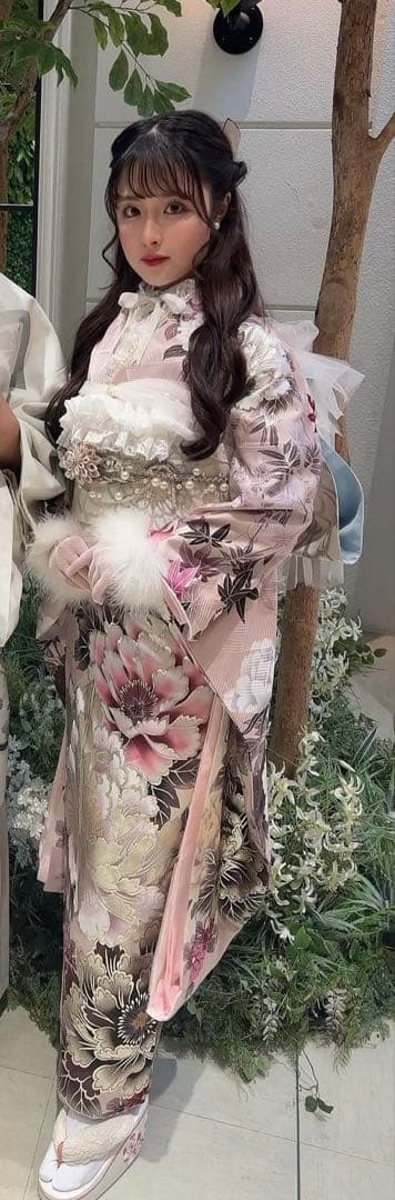 フルセット振袖 上品なくすみピンク白紫花柄 草履バック　髪飾り　正絹　牡丹