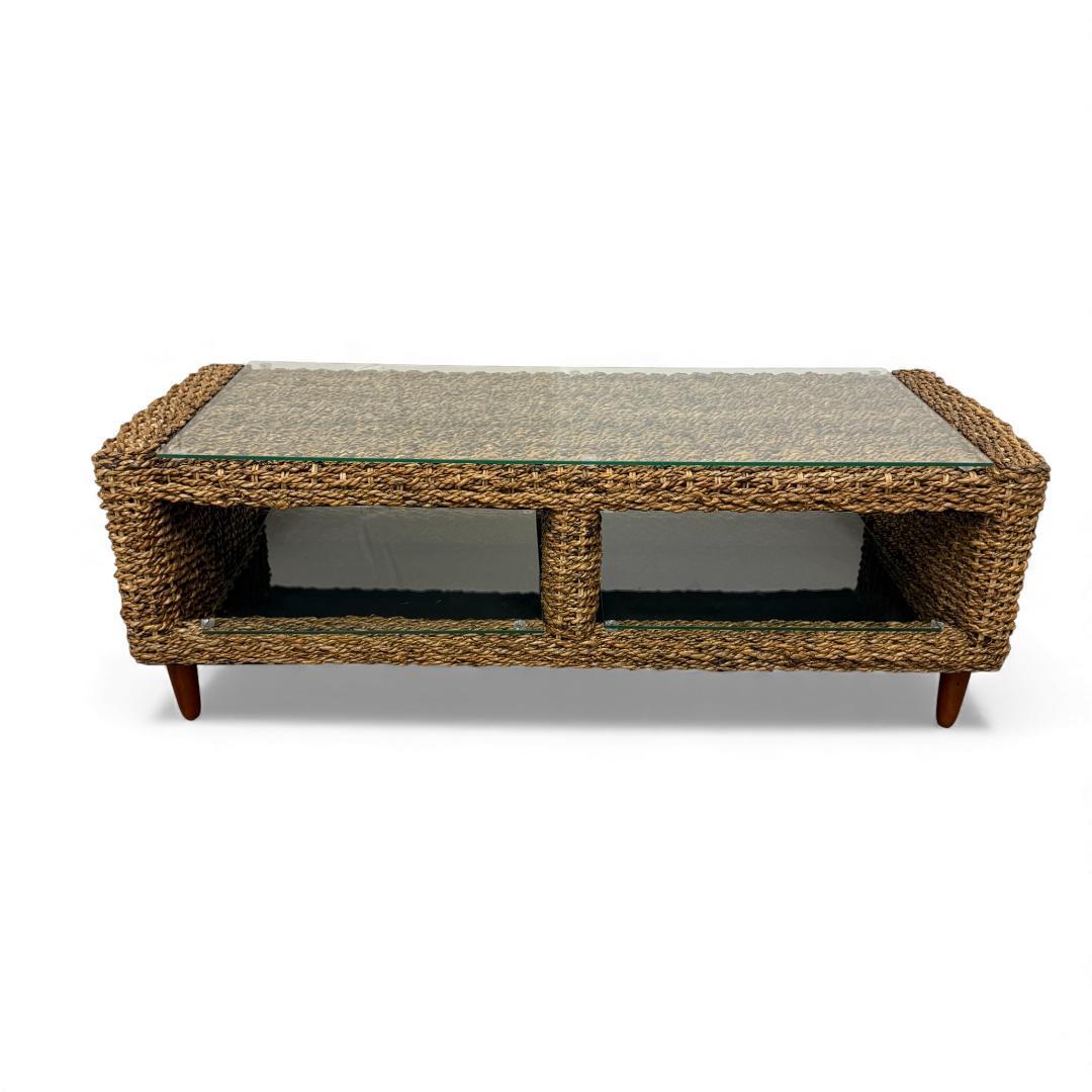 幅120cm【訳あり新品】アバカ天然素材 ガラス天板 テレビ台兼ローテーブル