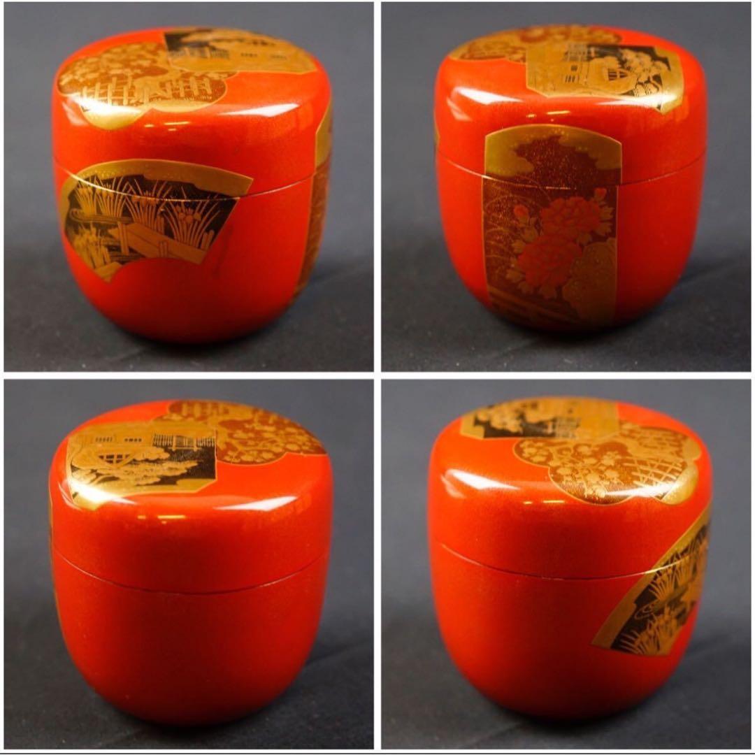 前端春斎 四季蒔絵 朱大棗 内梨子地『鵬雲斎書付』 共箱 茶道具 保証品