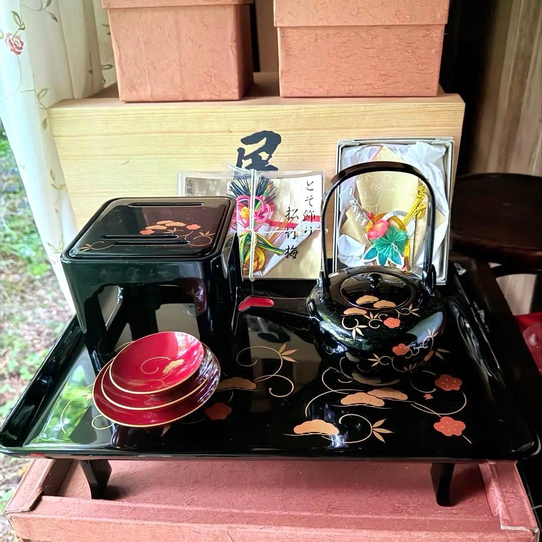 超限定1月21日20時迄‼️JAPAN天然木会津塗お屠蘇器蒔絵松竹梅四ッ揃杉箱入
