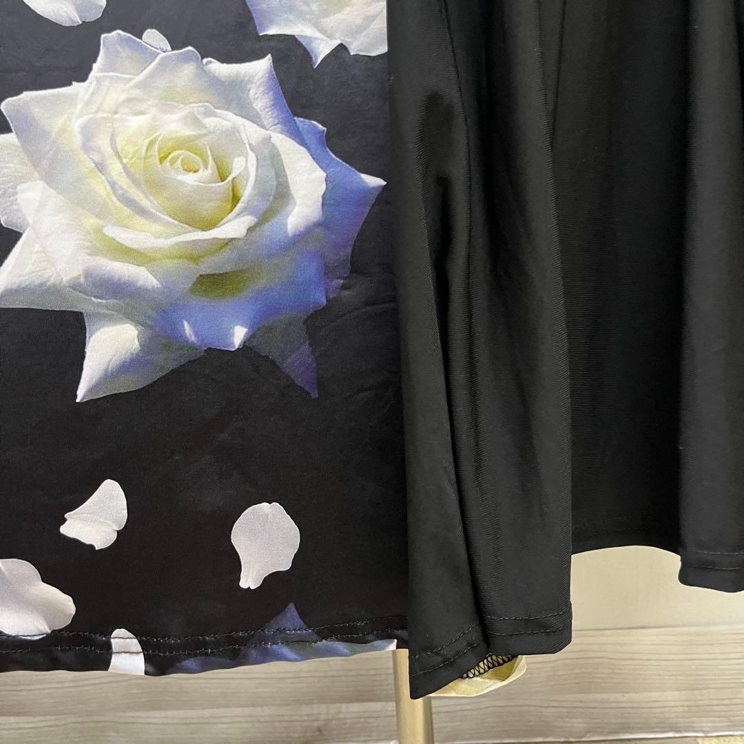 新品 社交ダンス ワンピース ブラック バラ柄　プリント サイズML
