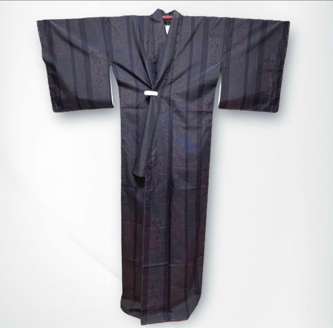 【未使用美品✨】東レシルック　さんび　洗える着物　小紋　紬調　くすんだ紫　縞