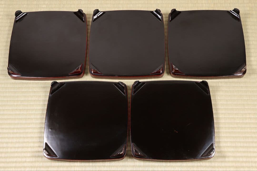 木製漆器 竹鶏蒔絵 吸物膳 五客 溜塗 黒塗 足付 四方膳 茶懐石 CM387