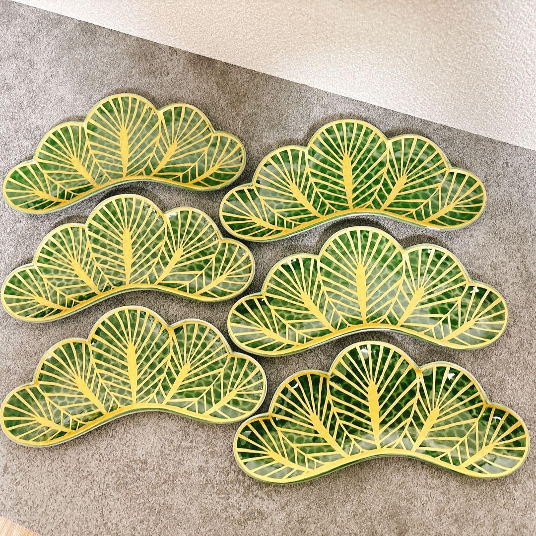 有田焼　幸楽窯　錦金松葉形前菜皿　茶緑金　6点セット