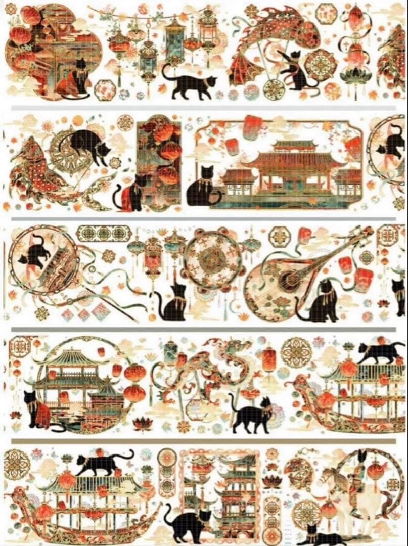 贝壳光 7.5cm×10m 国潮-唐 海外マスキングテープ ネコ　和柄