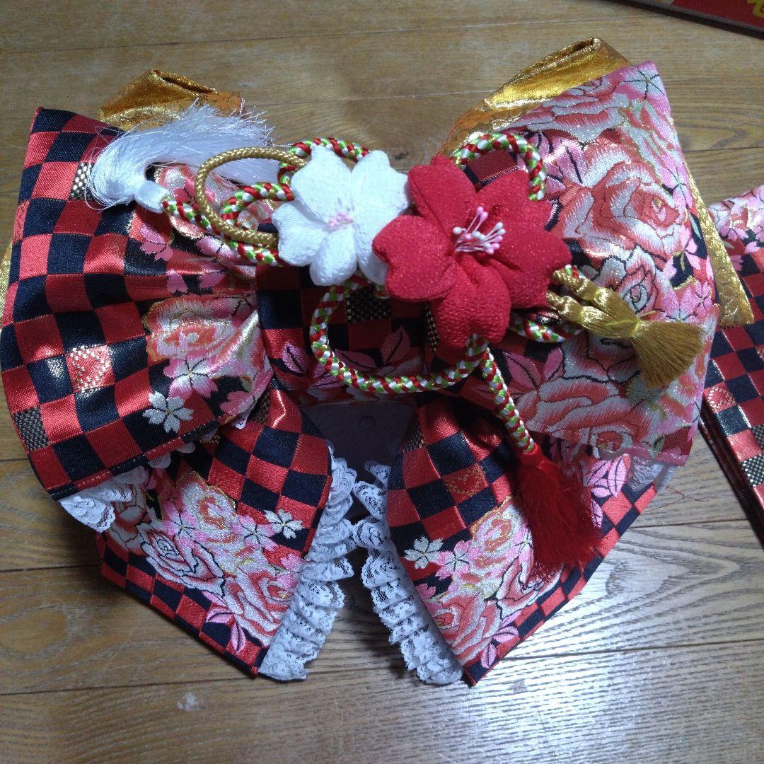 大寸★七歳★レースの赤と黒のチェック柄作り帯