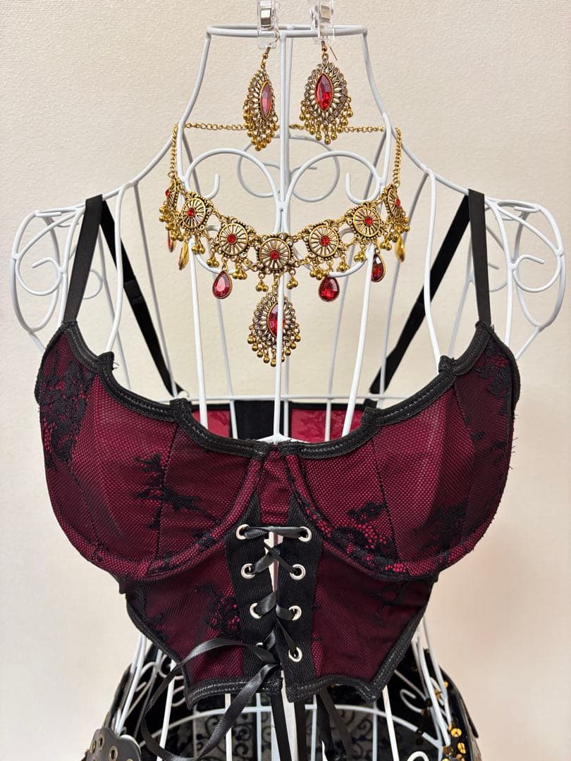 【新品】ベリーダンス衣装★パンツタイプ！ボルドー×ブラック×ゴールド★セット