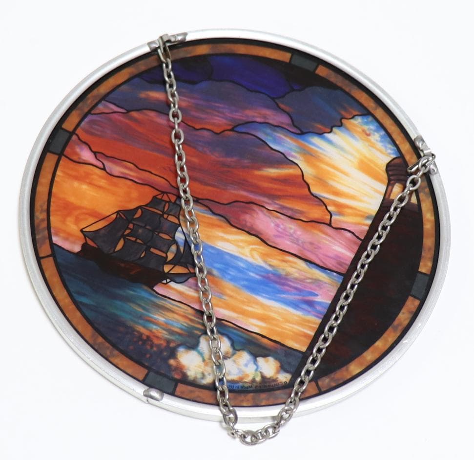 ティファニー ヴィンテージ ステンドグラス 夕暮れの海/ヨット/灯台 /風景