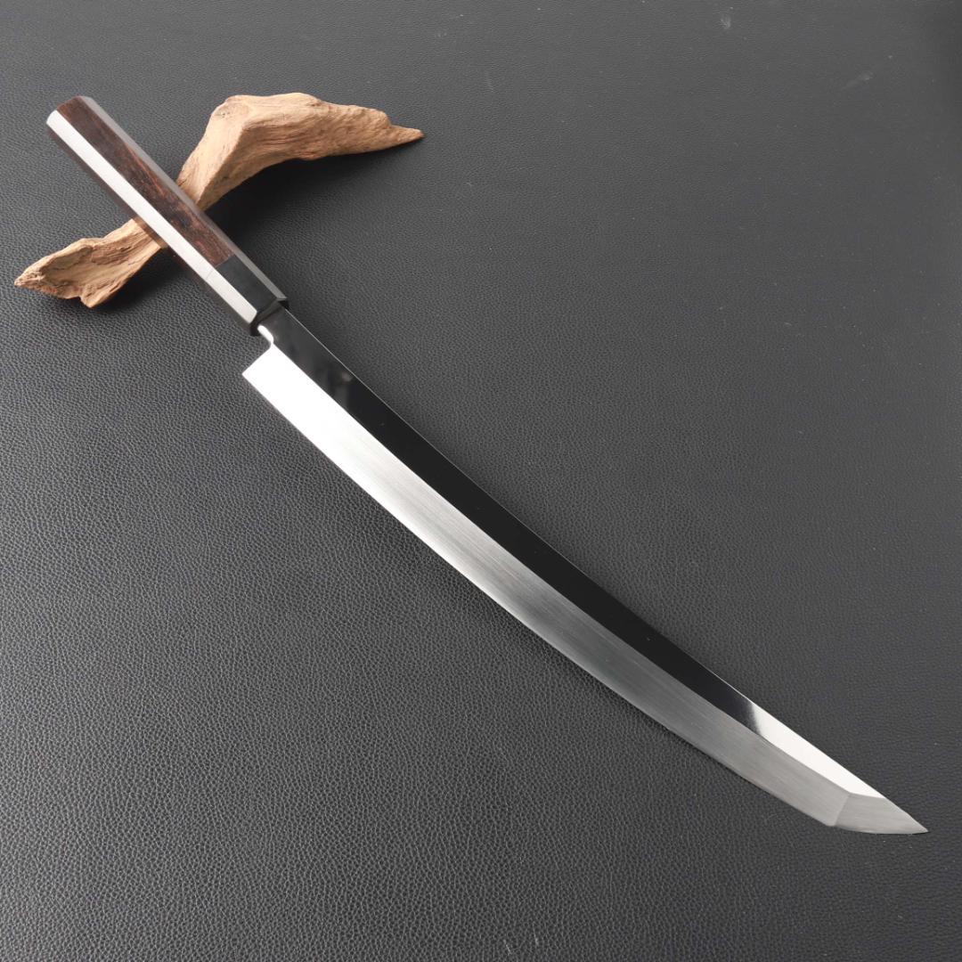 11118鬼反り先丸包丁尺二鏡面仕上げ刺身包丁刃は究極の切れ味黒檀黒水牛角八角柄