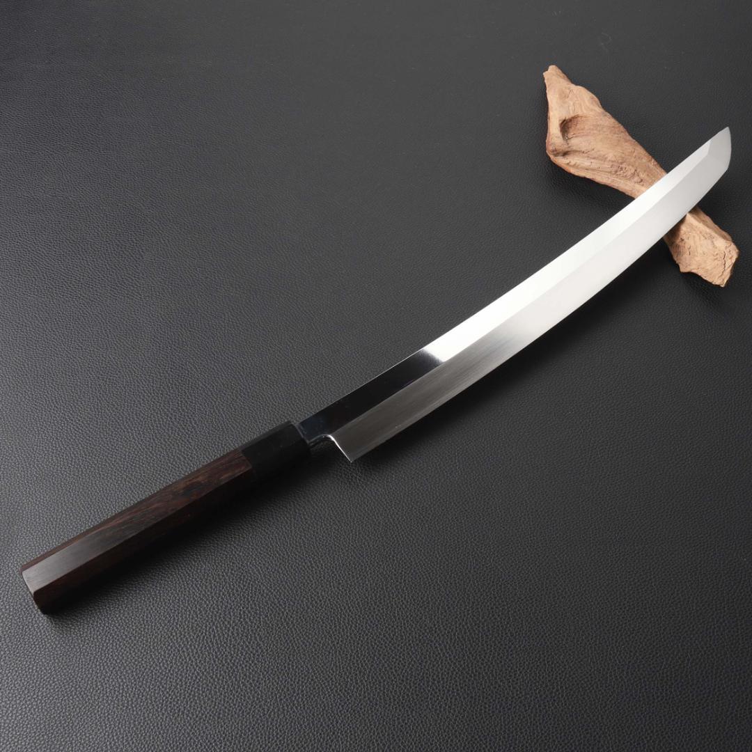 11118鬼反り先丸包丁尺二鏡面仕上げ刺身包丁刃は究極の切れ味黒檀黒水牛角八角柄