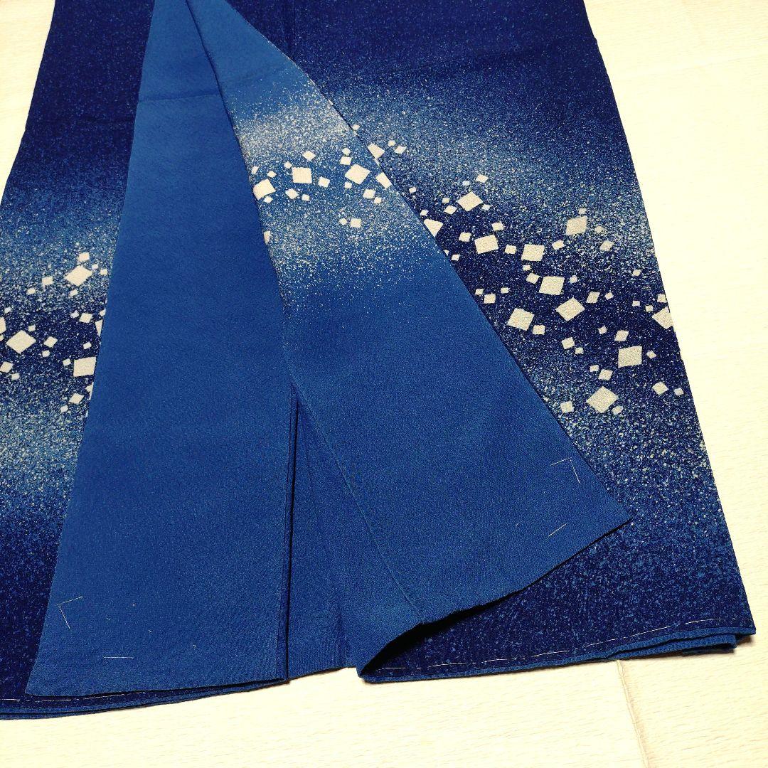 訪問着　藍色　落款　叩き染め　縮緬　正絹　しつけ糸付き　長尺　ふくよか　訳あり