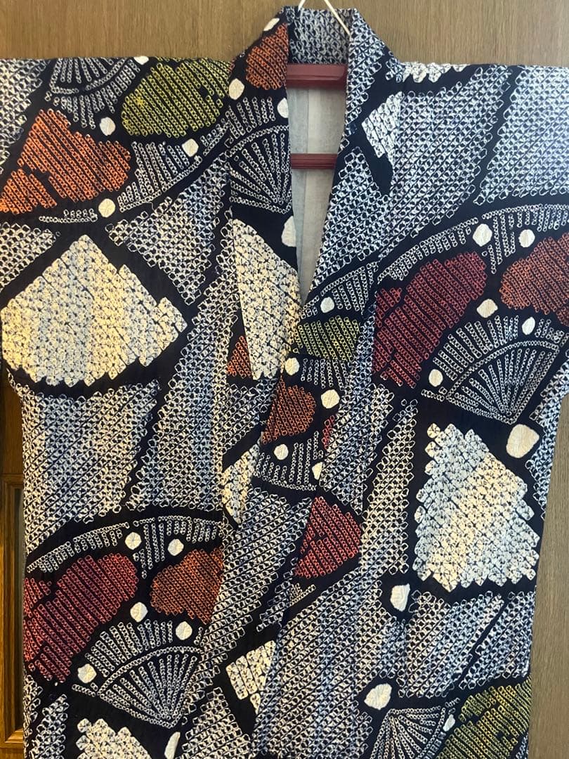 有松絞り　浴衣　トールサイズ　扇子　蜘蛛絞り　三浦絞り