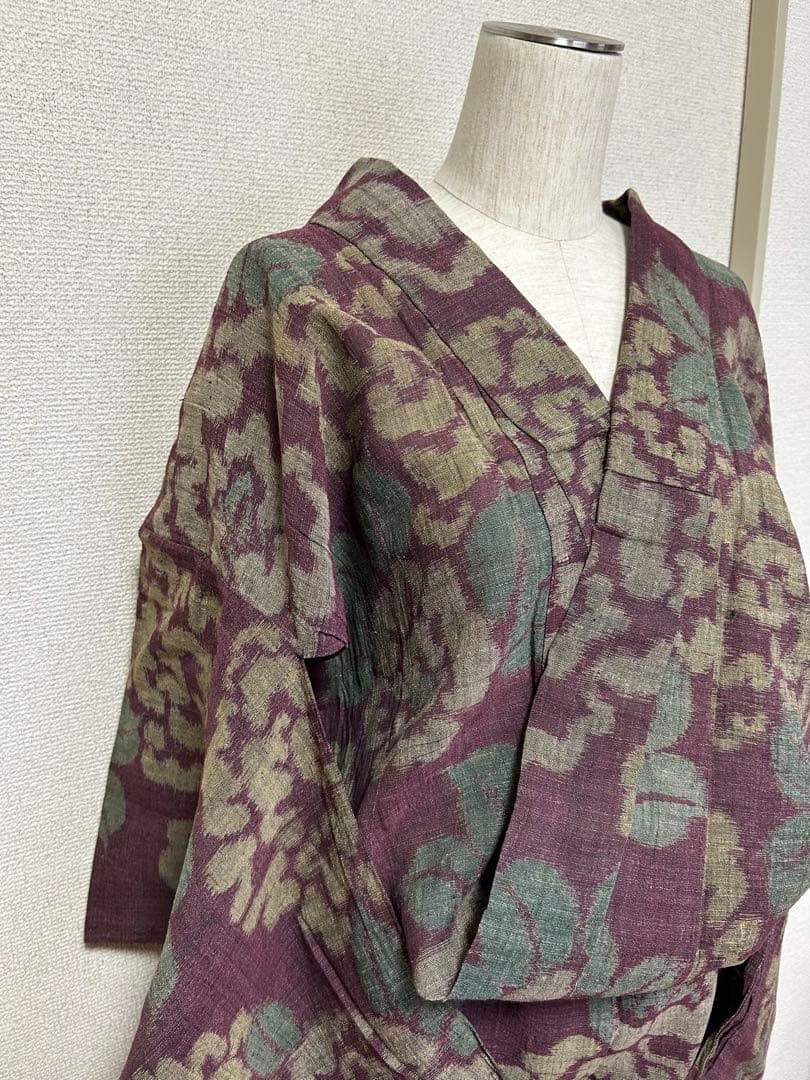 上布 単衣 浴衣 牡丹 麻 夏着物 身丈156 検索)能登上布 越後 本麻 古布