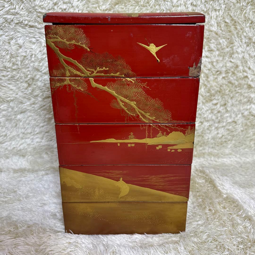 高砂蒔絵　朱塗五重　重箱　お重