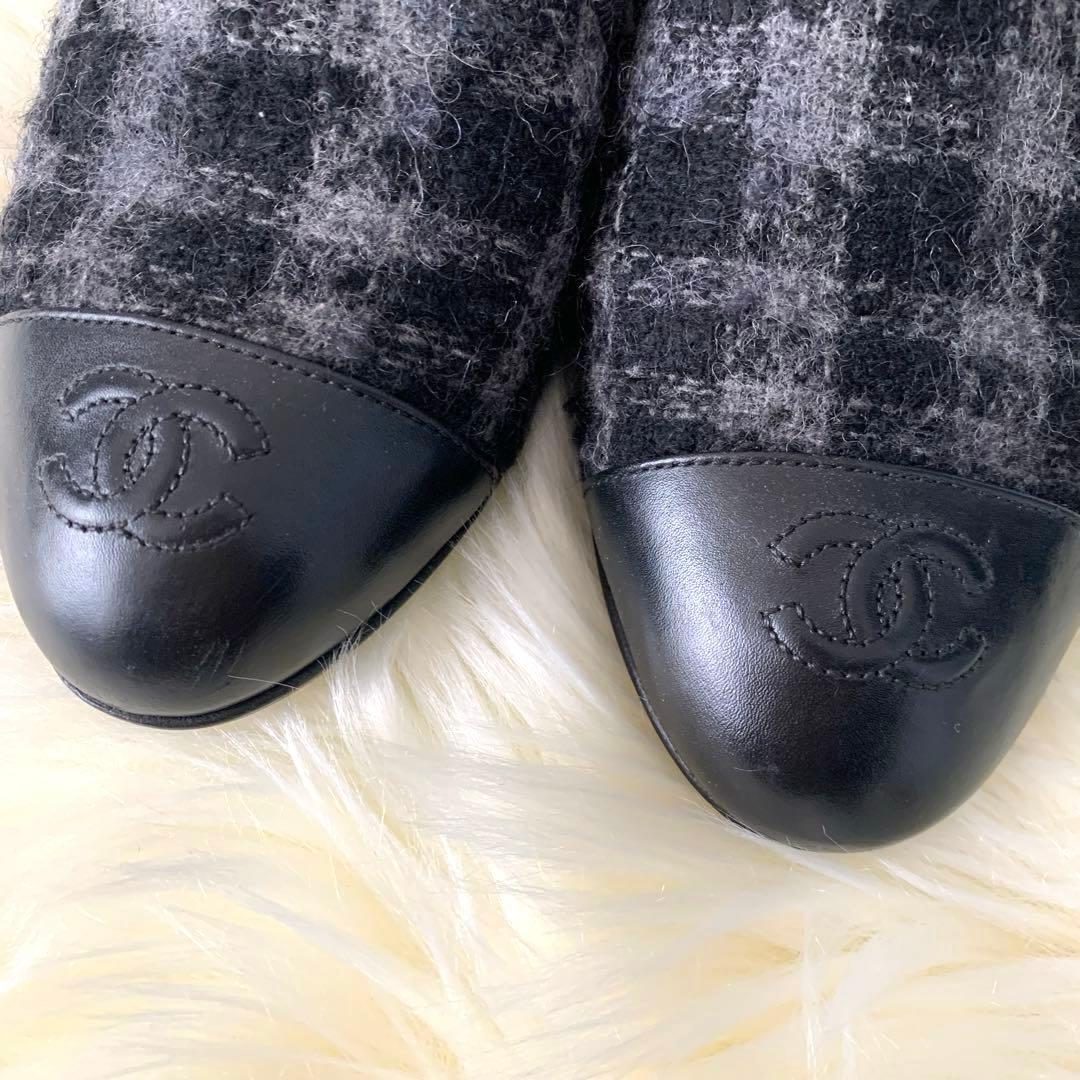 CHANEL チェック柄ツウィードパンプスフラットシューズ351/2 22.5
