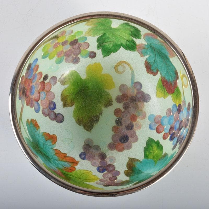 工芸ガラス　銅覆輪　葡萄文　鉢　唐木台付　時代箱付　H　R4332