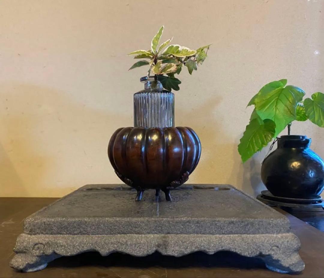 美品　精銅製カボチャ型3足香炉　ミニ色ガラスボトル付　２点セット アンティーク