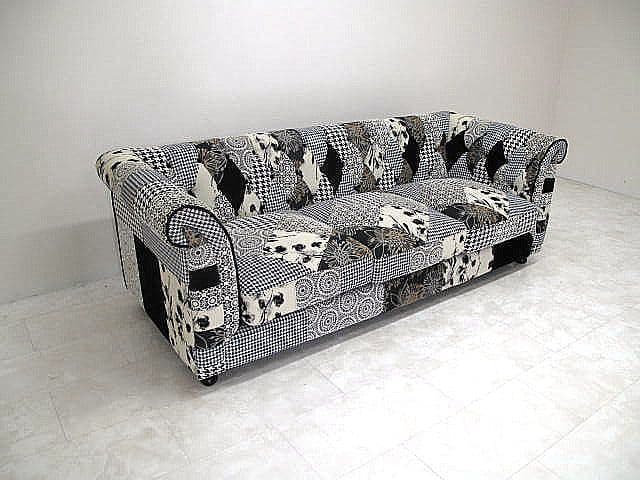 チェスターフィールド様式 パッチワーク3人掛けソファ 　英国クラシック様式