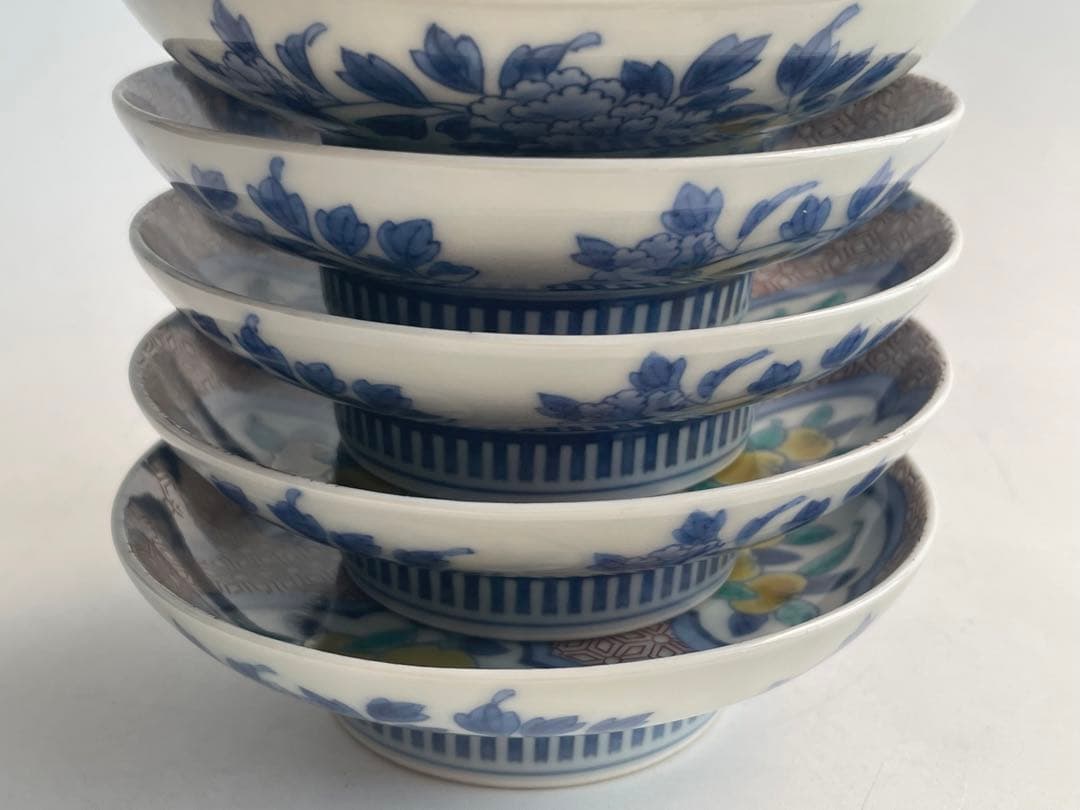 陶芸家　人間国宝　今泉今右衛門　染錦　三方割橘文　皿　5枚揃　鍋島写　鍋島焼