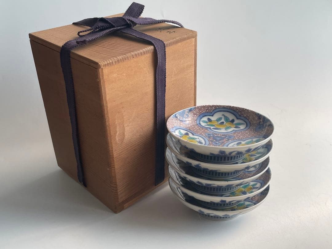 陶芸家　人間国宝　今泉今右衛門　染錦　三方割橘文　皿　5枚揃　鍋島写　鍋島焼