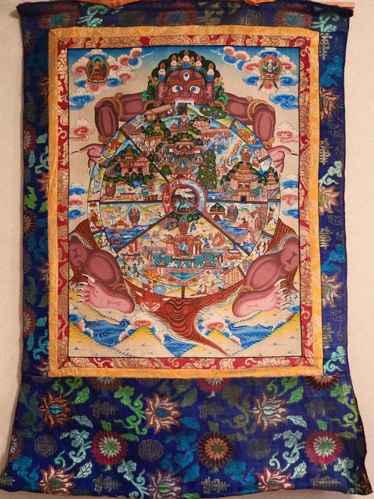 【仏】　★ 仏教 彩絵六道輪廻図掛軸 ★　清朝期　曼荼羅 刺繍表装　布本仏画