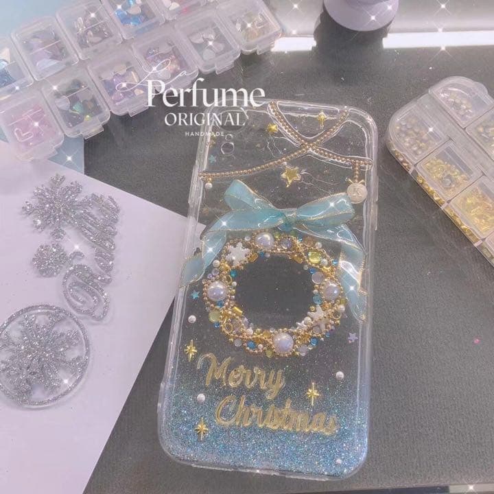 イニシャル&名入れ♡リボン✨水色 パール ツリー⭐︎キラキラ iPhoneケース