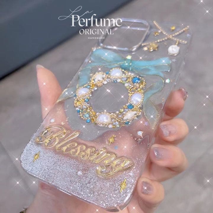 イニシャル&名入れ♡リボン✨水色 パール ツリー⭐︎キラキラ iPhoneケース