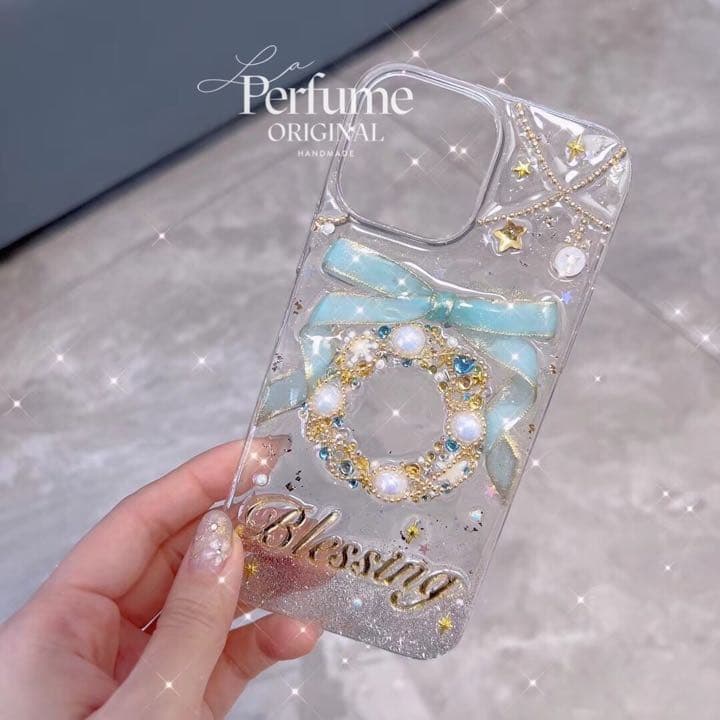 イニシャル&名入れ♡リボン✨水色 パール ツリー⭐︎キラキラ iPhoneケース