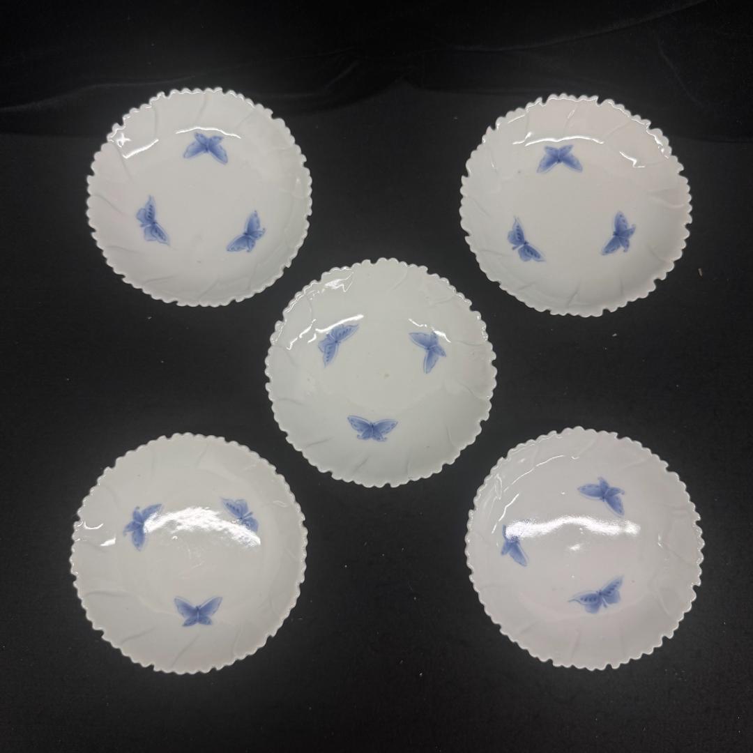 古平戸焼 染付 牡丹花形蝶文皿5客 時代箱付 江戸後期 平戸御用窯 古伊万里